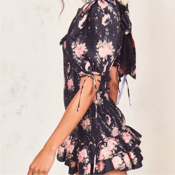 LOVESHACKFANCY Violet Dress in Black Coffee Smocked Puff Sleeves Cottagecore P - Picture 6 of 13